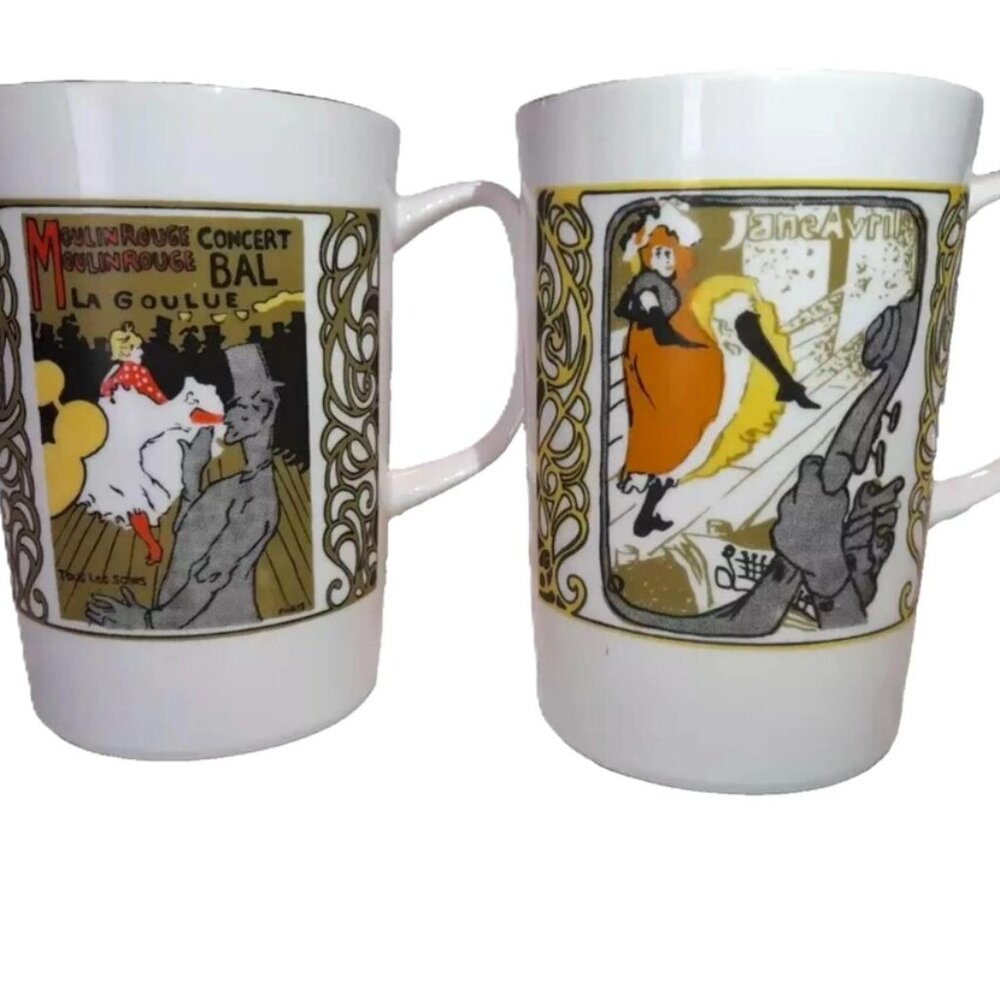 Vintage Art Nouveau Mugs Moulin Rouge Toulouse Lautrec Set of 2